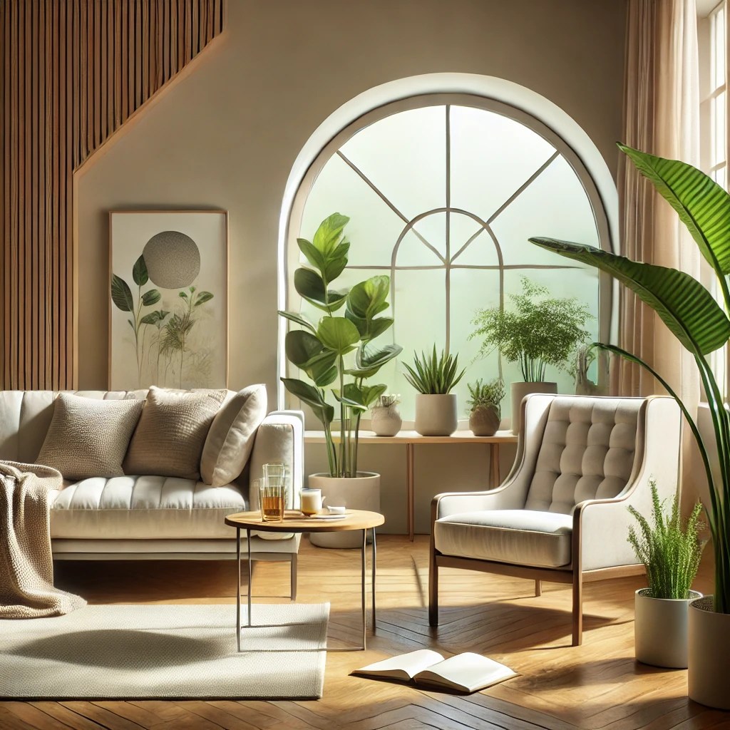 A serene therapy room designed for Somatic Experiencing sessions. The room features a comfortable armchair and a soft couch, surrounded by calming, neutral colors like beige and light gray. Large windows let in natural light, illuminating green indoor plants that add a touch of nature. A small wooden table holds a notebook and a cup of tea. The ambiance feels peaceful, inviting, and safe, perfect for relaxation and emotional healing.